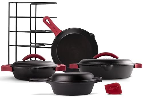 Cuisinel Cast Iron 16-Piece Pre-Seasoned Cookware Set - 8 + 12 Braiser Pans + Cast Iron Lids + 10 Skillet + 2-in-1 Multi-Cooker + 12 Organizer + Scraper + Silicone Handle Covers - Fire, Oven Safe
