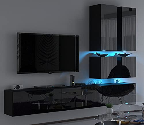 Furnitech Wohnwand Modern | Wohnwand mit LED RGB - 16 Farben | Hängend Wohnzimmer Schrankwand mit Regale und TV Schrank (Future C77-HG-B1 1A Schwarz)