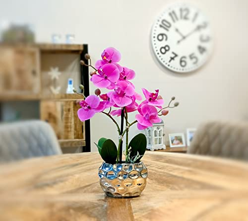 DARO DEKO Kunst-Pflanze Orchidee (ovaler Topf Silber Hochglanz und lila Blüten 33cm)