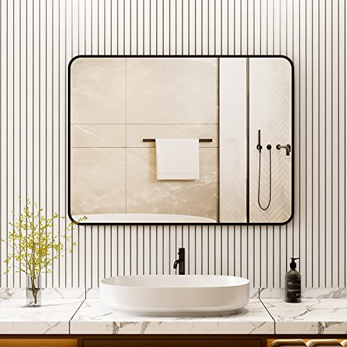 Boromal Spiegel Schwarz 40x60cm Rechteckiger Metallrahmen Badezimmerspiegel Schwarz Badspiegel Schwarz Wandspiegel Schwarz, Ohne Beleuchtung