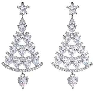 GAUEIOUR Pendientes de árbol de Navidad, aretes de aguja de plata, lujosos aretes con colgante de diamantes de imitación brillantes, adornos navideños, regalos para mujeres y niñas (plata)