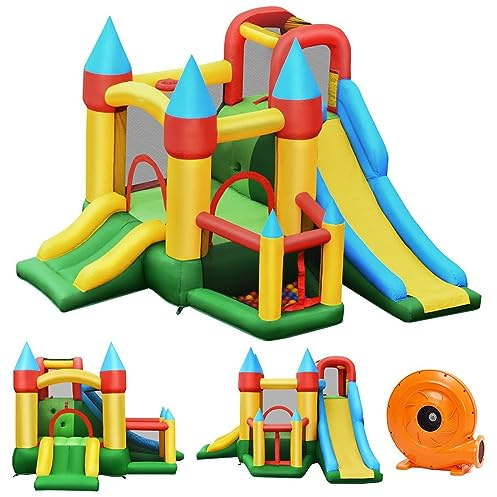 DREAMADE Aufblasbare Hüpfburg mit Gebläse, 330 x 300 x 210 cm Springburg mit 2 Rutsche, Sprungbereich & 60 Ozeanbällen, Spielburg Kinder für Garten, Park & Party