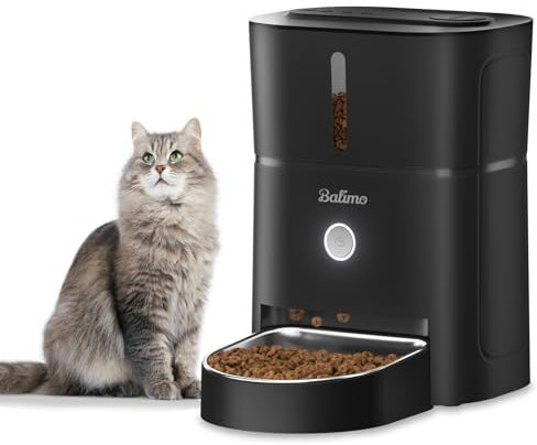 Balimo Futterautomat Katze 3L, Katzenfutter Automat mit Programmierbarem Timer, Futterautomat Hunde mit Nachtlicht, Fresh Lock Technologie, Edelstahlschüssel,1 bis 6 Mahlzeiten pro Tag, Schwarz
