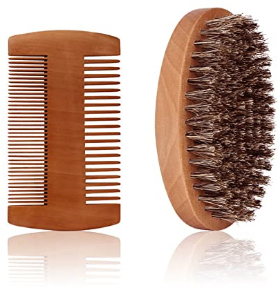 Fan Wu Beard Brush and Dual-Sided Wood Comb Set – Natural Boar Bristle Grooming Kit with Velvet Travel Pouch, Anti-Static for Beard, Mustache & Hair – Gift for Men