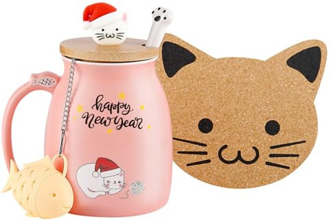 MengCat Taza de Navidad con diseño de gato, taza de café de cerámica con tapa de gatito, cuchara de acero inoxidable, Navidad para mujeres, taza de té y leche de 380 ml (rosa navideño)