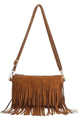 PORRASSO Fransen Umhängetasche Damen Schultertasche Beuteltasche PU Handtasche Hobo Taschen für Reisen Arbeit Täglichen Gebrauch Braun