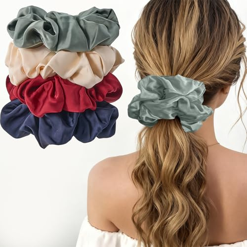 (4 Stück) Lolalet Große Haargummis Seide Scrunchies Satin für Damen, Haargummi Weich Elastisch Silk Skrunschis Groß für Damen Frauen Mädchen 4 Farben - C
