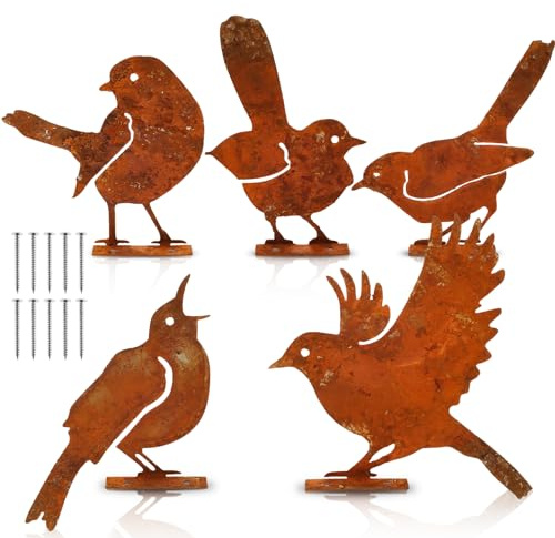 5Pcs Metal Bird Garden Ornaments Rusty Birds Decoration Rusty Metal Birds with Rusted Coating Metal Birds Statues Outdoor Metal Ornaments Birds for Fences Branches Windowsills Garden