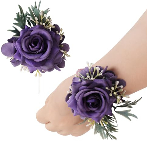 URROMA Ansteckblume und Ansteckblume Set, künstliche lila Rose Handblume für Abschlussball Hochzeit Handgelenk Corsage Handgelenk Blume für Abschlussfeier