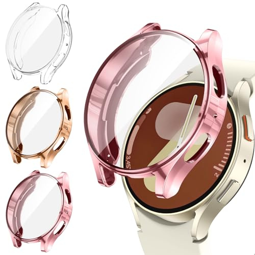 [3 delar] Kamita Fodral för Samsung Galaxy Watch 7 44 mm, TPU Stötfångare Fodral med Skärmskydd, Heltäckande Skyddshölje för Samsung Watch7 (Klar+Roséguld + Rosa)