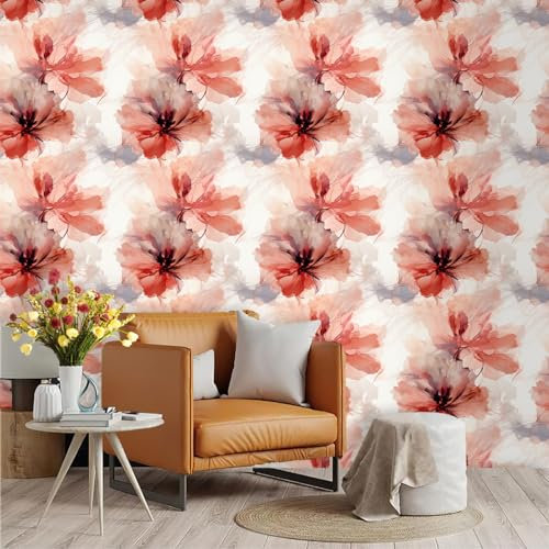 Selbstklebende Tapete Elegante Rote Blumen Strukturtapete Wandtattoo Schlafzimmer Tapete Selbstklebend Vliestapete Wallpaper for Living Room Tapeten Leicht zu Entfernen Wandschutzfolie 45x300cm