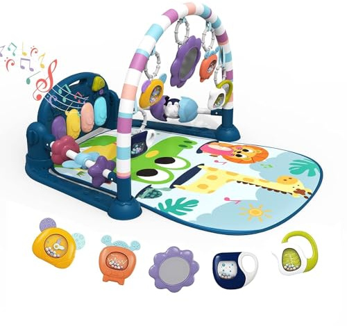 derimkcoa Baby Play Mat Baby Gym,Funny Play Piano Tummy Time Baby Activity Mat with 5 Infant Sensory Baby Toys, Music and Lights Boy & Girl Gifts for Newborn Baby 0 to 3 6 9 12 Months (Blue Giraffe)