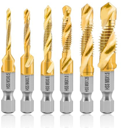KURSTOL HSS Tap Bit Set - 6pcs Metric Combination Drill Tap Bit for Drilling, Tapping, Countersinking, Titanium Combination Drill Quick Change Shank Fixed on Tapping Machine