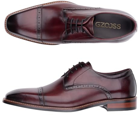 Men's Genuine Leather Oxford Dress Shoes - Handmade Formal Business Lace-Up Shoes for Office & Occasions (Wine Red, Size 10 Wide, US Sizing)