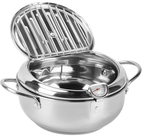 Deep Fryer, Stainless Steel Houseable Frying Pot Japanese Style Tempura Frying Pan Chip Fry Pan with Temperature Control and Oil Drain Rack Compatible with Gas Stove Induction Cooker (4.2L)