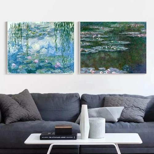 GKUVBF Impressionismus Monet Claude Seerosen Nympheas Poster Ölgemälde Reproduktion Landschaft Leinwanddruck Wandkunst Dekor 19,6 x 27,5 (50x70cm) x2 Kein Rahmen