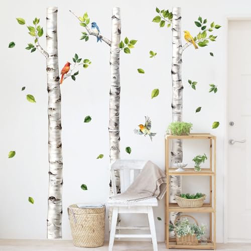 Supzone Wandtattoo Birkenbäume (H:174cm) Wandaufkleber 3 Espenbäume Vögel Selbstklebende Wandsticker Birkenstamm für Kinderzimmer Wohnzimmer Schlafzimmer Sofa TV Hintergrund Wanddeko