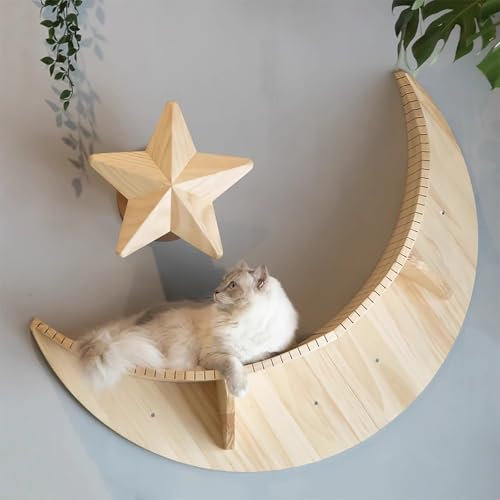 WXXSHGDW Estantes de Pared para Gatos, Estanterías para Gatos de Madera, Rascador para Gatos Pared, Cama Gato Pared, con 1 Plataforma Moon y 1 Poste Rascador de Estrella para Gatos