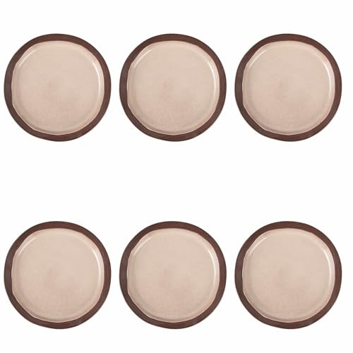 Villa d'Este Home Tivoli Lot de 6 assiettes plates beiges en grès, bordure brune, Bretagne Terra