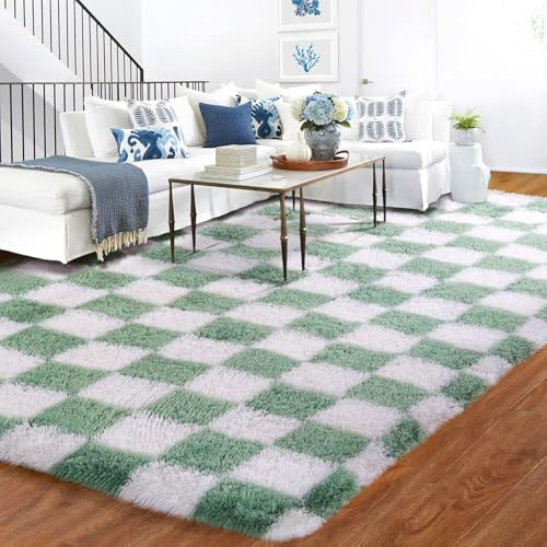 BYBSRLL Kariert Wohnzimmer Teppiche, 120x180cm Salbeigrün und Weiß Schlafzimmer Großer Teppich Deko Jugend Kinderzimmer Weich, Hochflor Flauschig Bettvorleger Waschbar rutschfest