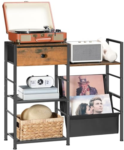 HOOBRO Record Player Stand, End Table with Vinyl Storage, 4 Tier Vinyl Record Storage, Side Table with Open Shelves, Turntable Stand for Living Room, Media Room, Rustic Brown EBF75CJ01