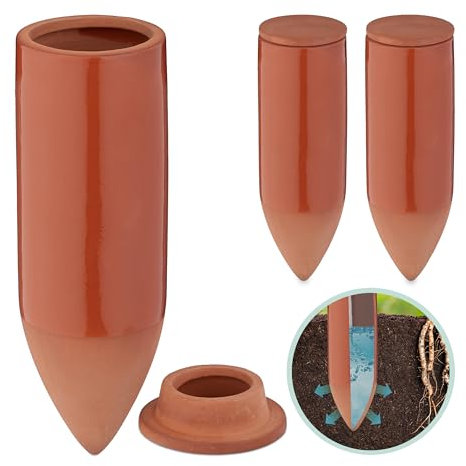 Relaxdays Tonkegel Bewässerung, 3er Set, 330ml, Gießhilfe Zimmerpflanzen, Balkonkästen, Gießkegel mit Deckel, terrakotta