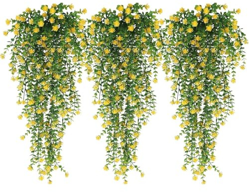 AQCQDQ 3 Stück Hängeblumen Künstlich, Künstliche Hängepflanzen Efeu, Künstlich Kunststoff Rattan Ranken, Künstliche Kamelien Blumen für Haus, Garten, Hochzeit Party Decor (Gelb)