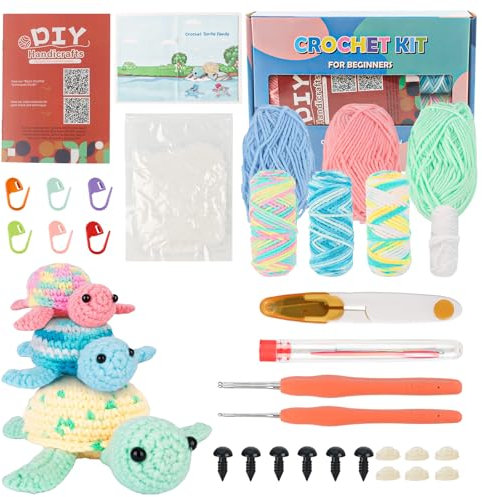 TIVUNORON Häkelset für Anfänger, 3-Teiliges Schildkröte Häckeln Stricken Set, DIY Amigurumi Häkelset, mit Wolle Häkelnadeln Zubehör und Video-Anleitung, Geschenk für Erwachsene Kinder
