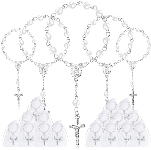 Fyshird 15 Stück Rosenkranz Katholisch mit Kreuz Anhänger Geschenkanhänger Organzabeutel Glücksbringer Armband Gastgeschenke für Taufe Kommunion Konfirmation Hochzeit Auto Party (Silber)