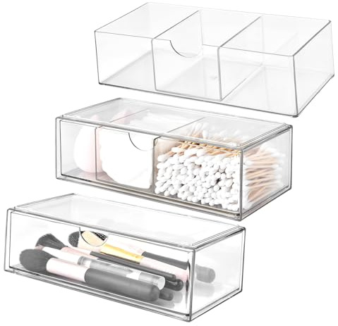VITEVER Kosmetik Organizer 3 Set, Make Up Schminkaufbewahrung mit Schubladen Transparent, für Eyeliners Lippenstift Wimperntusche Makeup Pinsel, Acryl Schubladen Aufbewahrung Stapelbar