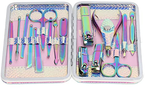 Set de manicura profesional de 16 piezas, herramientas de acero inoxidable de alta nitidez con recubrimiento de color, kit completo de cuidado de las uñas para uñas y uñas de los