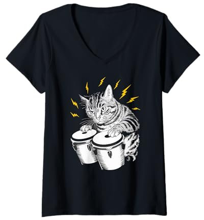 Damen Rockstar Bongo Player Katze auf Katze Bongos T-Shirt mit V-Ausschnitt