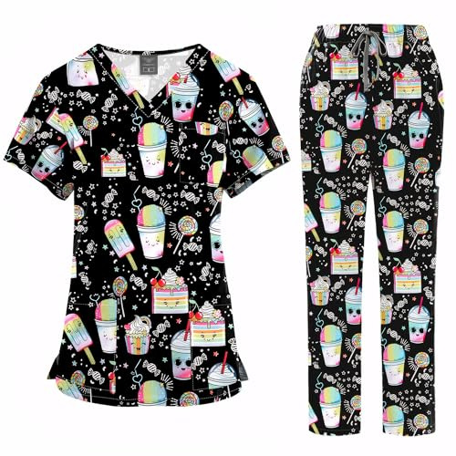 Meichoon Medical Scrubs Set Cartoon Print Women Unisex V Neck 2 Pocket Short Sleeve Polyester Quick Dry Wrinkle Free Four Seasons