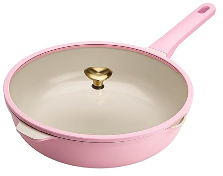 Paris Hilton Jumbo Sauté Pan with Lid, Cast Aluminum Cookware with Ceramic Nonstick Coating Made Without PFAS, PFOA, PFOS & PTFE, 4-Quart, Pink