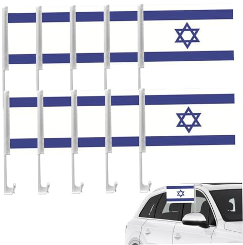 Drapeau d'Israël pour voiture 10 pièces 12x18 pouces Drapeau juif double face avec clip de montage Drapeaux de pays extérieur résistant à la décoloration imperméable pour défilés Événemen