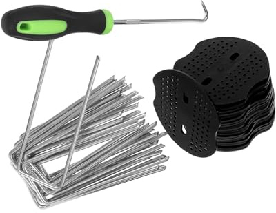 JOINPAYA Grapas Forma De u para Césped y Jardín 41 Piezas (20 Estacas 4x10 Cm, 20 Arandelas, 1 Gancho) para Fijar Tela Geotextil, Cubierta Vegetal y Mangueras, Acero Resistente para Exteriores