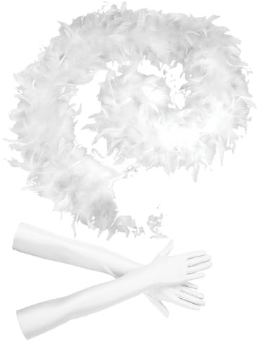 XPEX 1 PCS Sciarpa di piume bianche con 1 paio di guanti bianchi in spandex da 53 cm,adatti per costumi di Halloween, feste, donne e ragazze