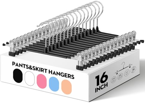 HUADYMEET 16 Inch Extended-Length Pants Skirt Hangers Non-Slip,20 Pack Adjustable Jeans Trousers Shorts Metal Clothes Hangers with Clips for Men Women, Strong Durable Heavy Duty Space Saving(Black)