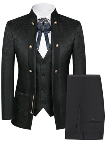 Abiti da Uomo Grandi e Alti, Smoking da Uomo Premium con Motivo Paisley Floreale, 3 Pezzi, vestibilità Slim, Colletto alla Coreana, Set Sposo per Matrimonio, Nero, Taglia Grande