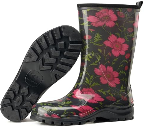 HISEA Women's Garden Boots, Upgraded Wide Round Toe Mid Calf Waterproof Rain Boots, Non-Slip PVC Mud Boots for Outdoor Farm Work & Gardening