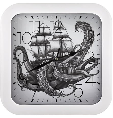 FodPand Reloj de pared con diseño de pulpo y barco en blanco y negro, a la moda, vintage, cuadrado, personalizado, decorativo, silencioso, sin tictac, moderno, para cocina, viajes, oficina, hogar