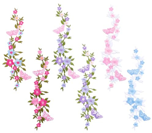 HOBBIESAY 6Stück 6Farben Blumen Schmetterling Gestickte Applikationen 26.8cm Lange Blumen Aufbügler Lila Blumenmuster Stickerei Applikationen Glyzinien Reparatur Patch für Kleidung Tasche Hose DIY
