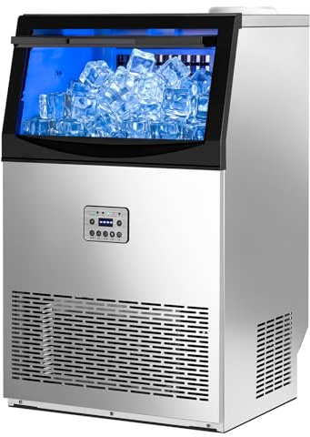 LEADZM Machine à Glaçons Commerciale 50 kg/24h, Capacité de Stockage 23 kg, 50 Glaçons par Cycle, Acier Inoxydable, Nettoyage Automatique, Idéale pour Bar, Restaurant et Café (50kg/24h)