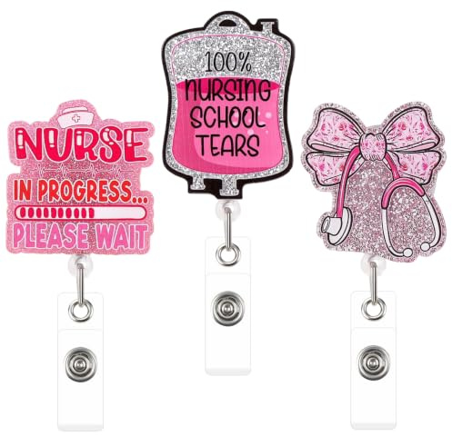Loghohu 3PCS Pink Future Student Funny Nurse Badge Reel with Alligator Clip | Retractable, 360° Rotation, Convenient to Use, Cute Glitter Nursing Badge Holder for RN CNA MA Medical Assistant