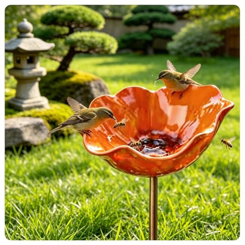 Estaca de jardín de metal hecha a mano, baño de flores y pájaros al aire libre, estación de estaca de metal para riego de abejas, césped, patio, decoración de jardín al aire libre (naranja)