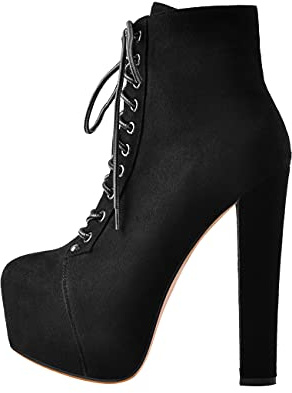 Only maker Femme Bottes à lacets Plateau Talon bloc Ankle Boots Lace up Doublure chaude Flanelle Noir 41 EU