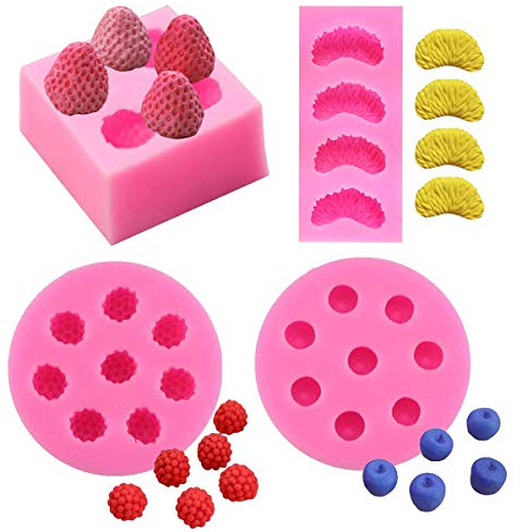 4 moldes de fondant de fresa, mandarina, frambuesa y arándano, bayas de frutas 3D, mandarina, naranja, chocolate, caramelos, para decoración de pasteles, cupcakes, jabón, cera, velas, incrustaciones