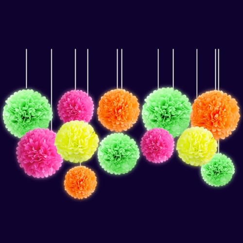 NICROLANDEE Schwarzlicht Party deko – 12 Stück fluoreszierende Neon Seidenpapier Pom Poms für Geburtstag, Hochzeit, Babyparty, Fluoreszierendes deko, Neon deko schwarzlicht Party