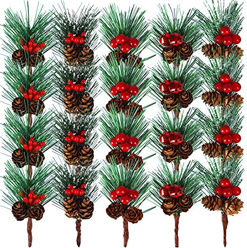 Artificial Pine Picks 20 Pcs Christmas Small Artificial Pine Tree Pine Branches With Berries Pinecones for Christmas Flower Arrangements Wreaths Trees and Gift DIY Decoration