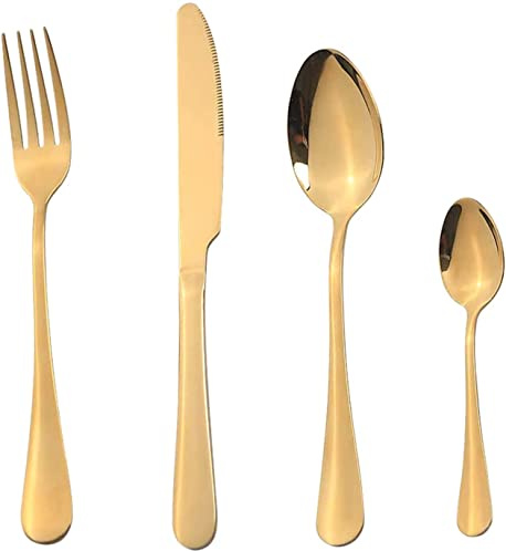 TRANITION-Couverts de Table or en Acier Inoxydable，Ménagère de 24 Pièces pour 6 Personnes, Couteaux et Fourchettes (Or), (FLORA)